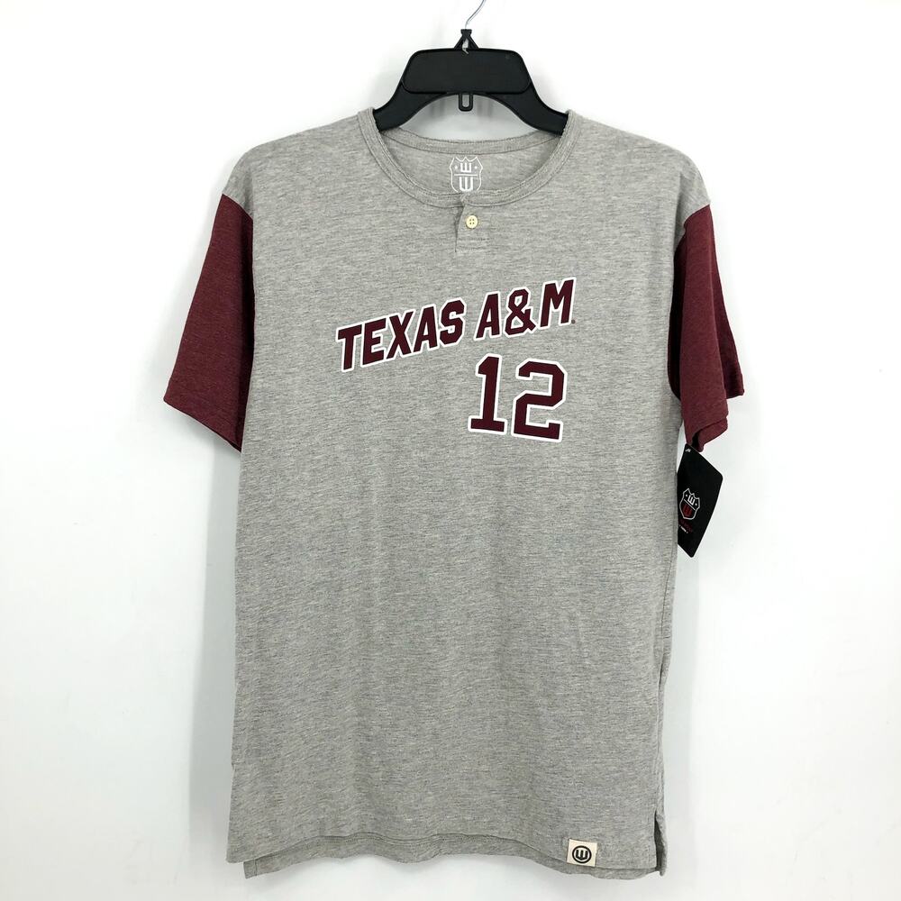 WES & WILLY  Boys Texas A&M Baseball Henley Tshirt Large Grey Red NWT